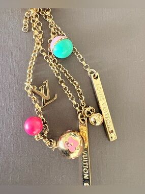 Louis Vuitton Gold-Tone Charm Necklace with Pink and Turquoise Beads